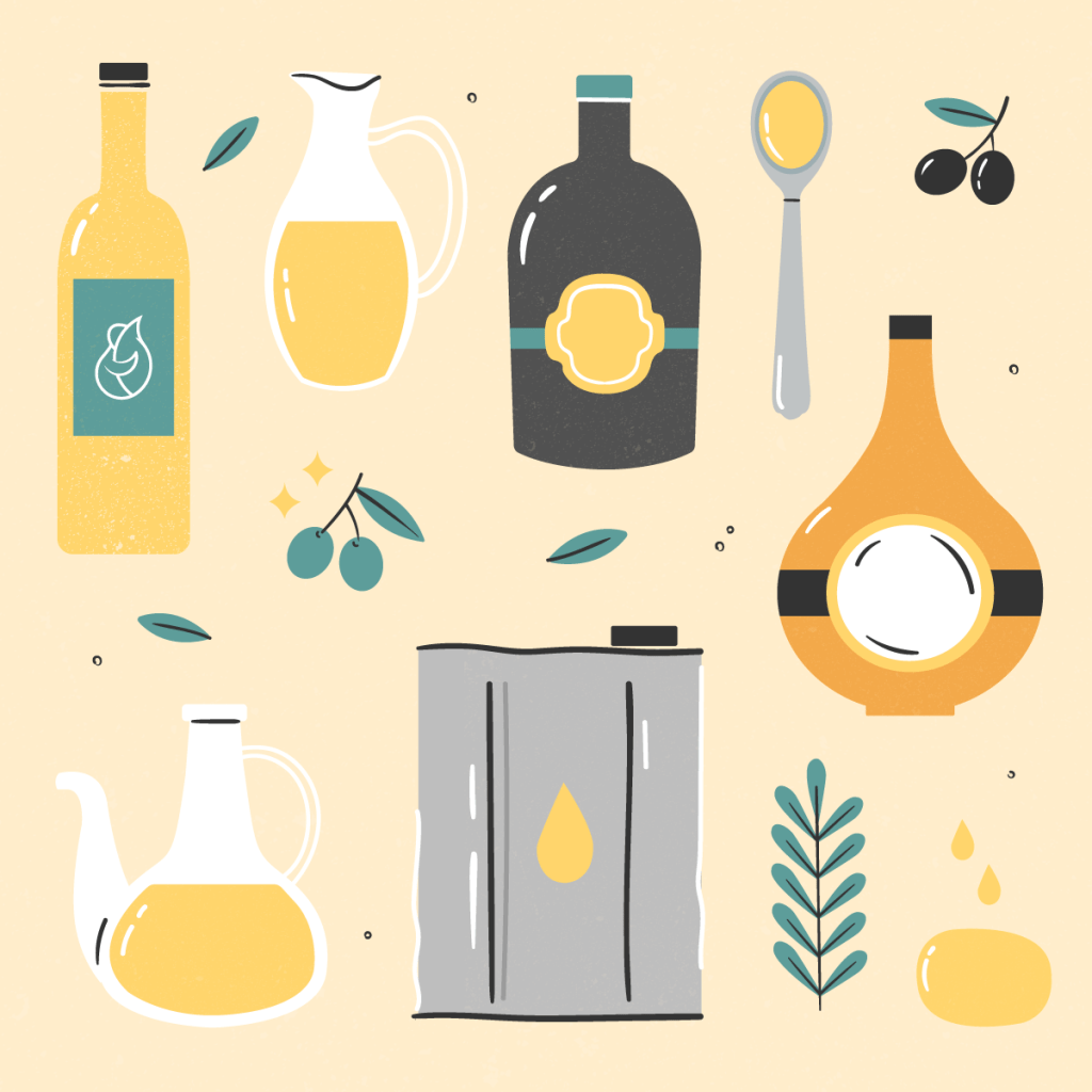 La ilustraci&oacute;n de botellas y latas de aceite de oliva virgen extra