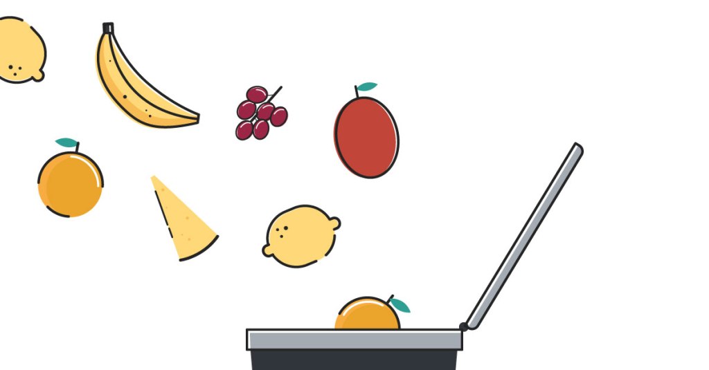 Illustration of pieces of fruit and vegetables that are falling into a trash