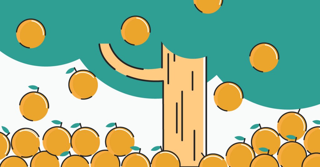 Illustration of oranges falling from an orange tree
