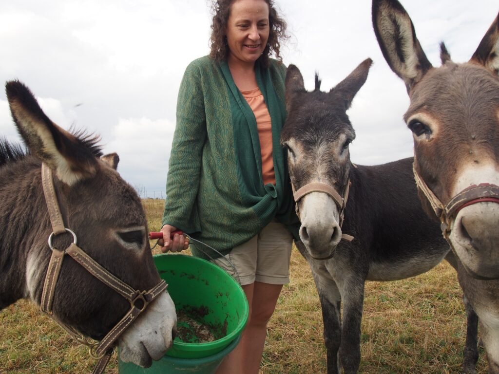 Lauriane avec ses trois &acirc;nes. 