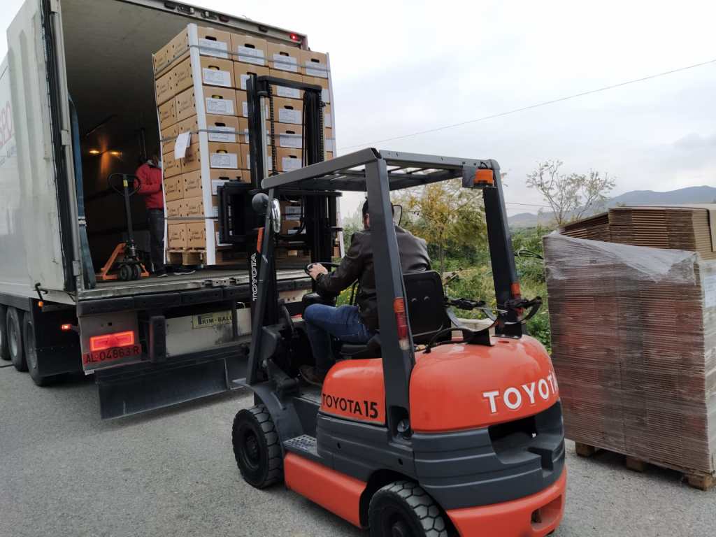 Une personne qui met les caisses de citrons dans un camion à l'aide d'un lève-palette