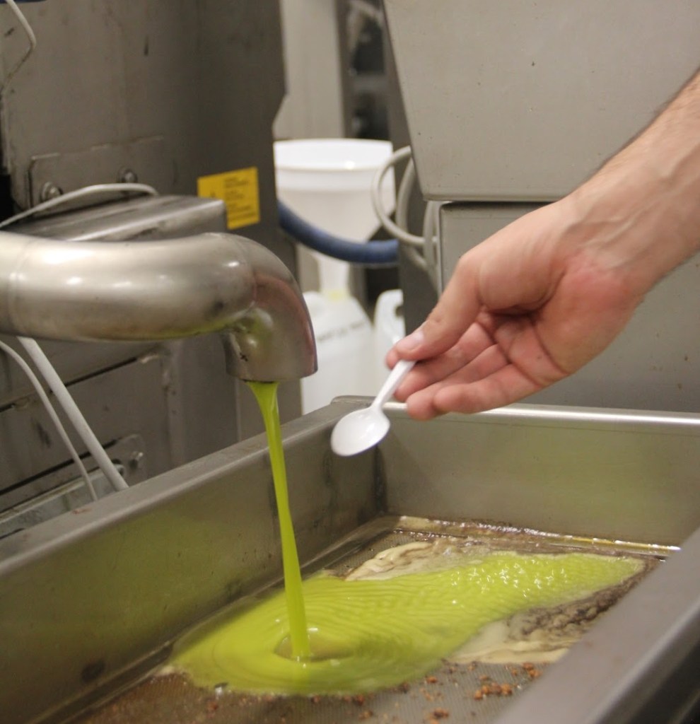 A hand with a plastic spoon and olive juice coming out of a tap