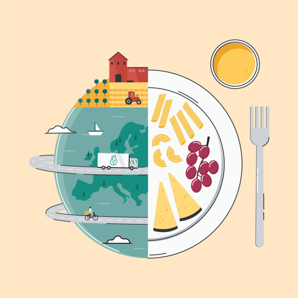 Illustration of a half planet, half food plate, accompanied by a glass and a fork