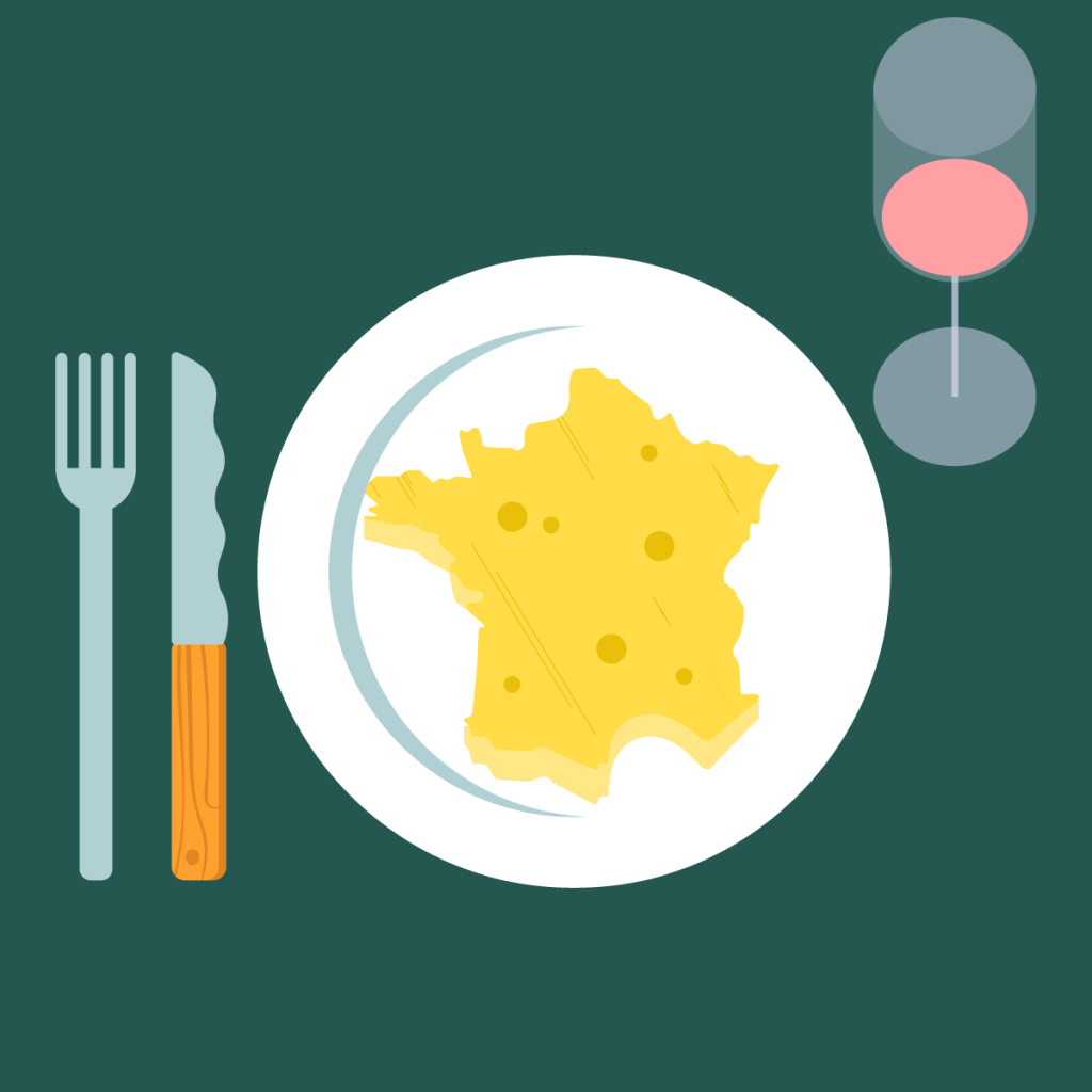 Illustration de la France en forme de fromage dans une assiette avec des couverts et un verre de vin rouge