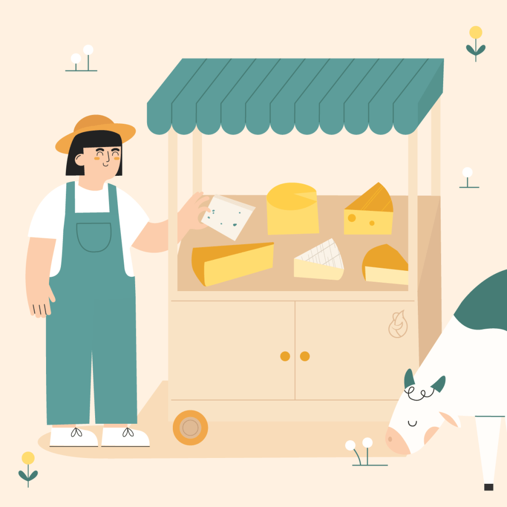 Illustration of a farmer with a cheese wagon and a cow