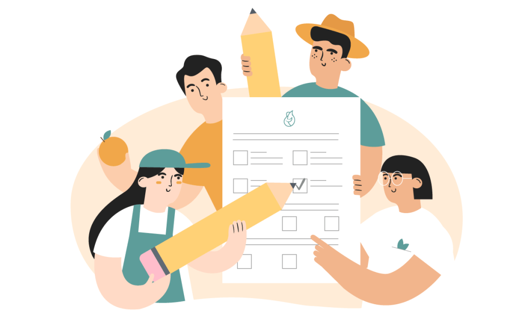 Illustrations of farmers answering the survey on the impact of direct food sales