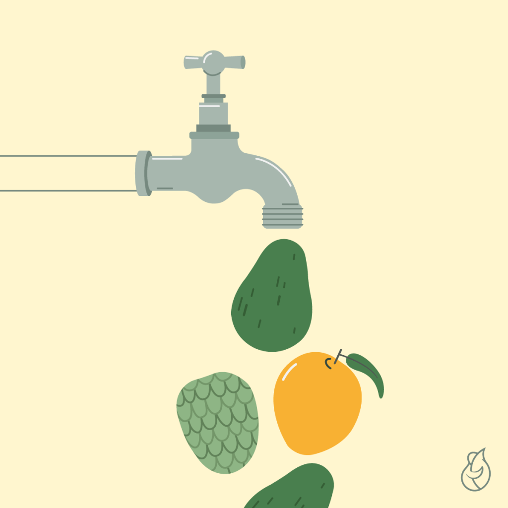Illustration of tropical fruits dropping from the tap as if they were water