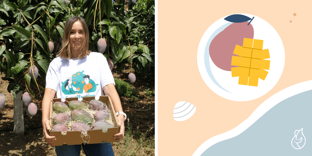 Mar&iacute;a, productora de mangos con una ilustraci&oacute;n de un mango en la playa del Mediterr&aacute;neo